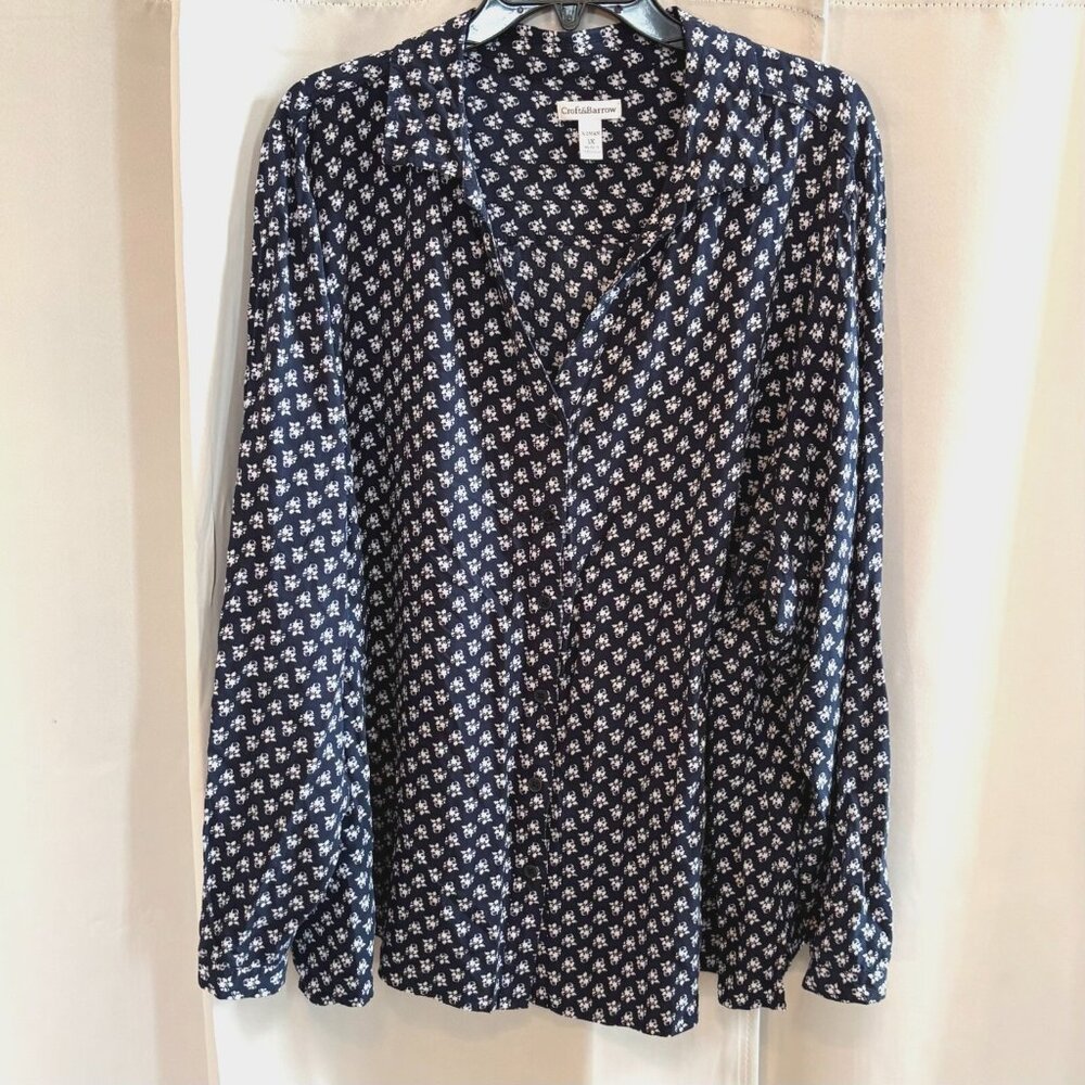 Floral Women Top Size 3X Blue Button Up Boho Comfort Coastal Office Modest 18154